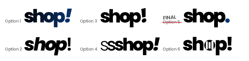 6 versions of the shop-dot logo, one is marked as final